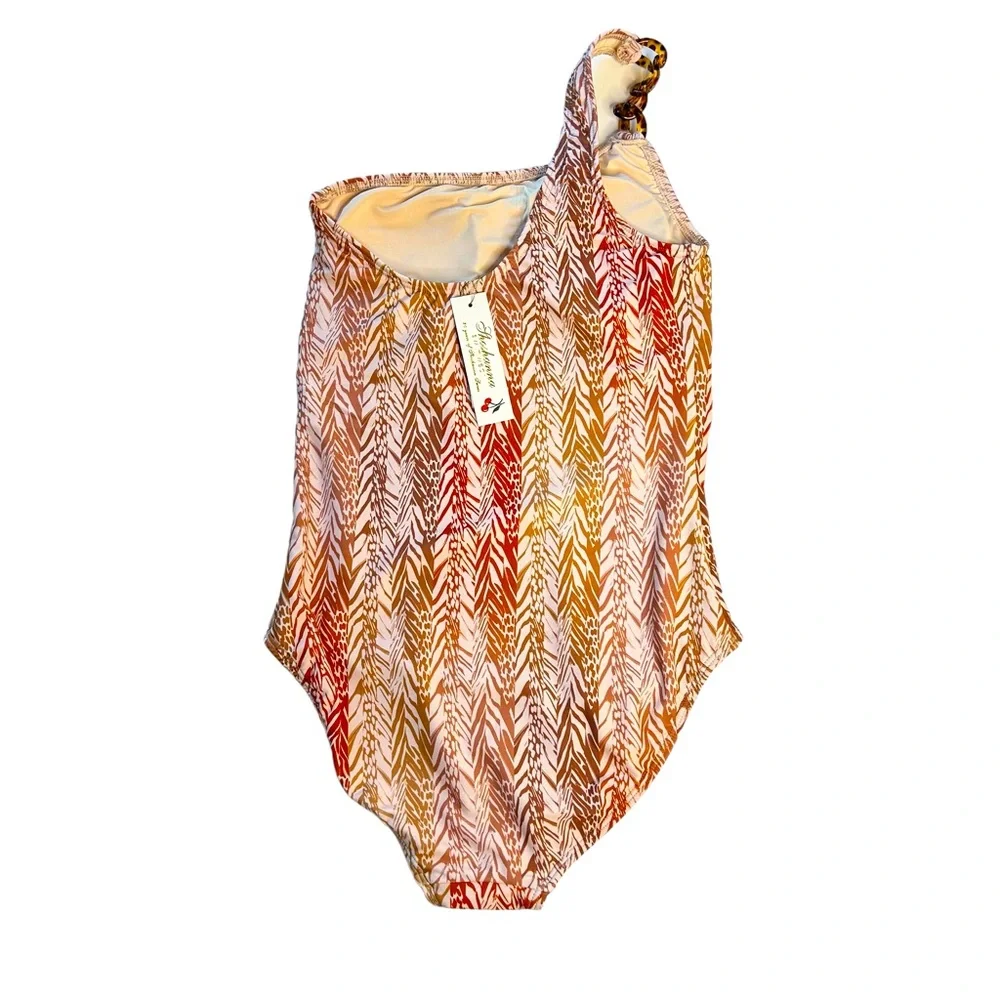 Shoshanna One Piece Swimsuit One Shoulder Chain Detail Amber Safari Print Size 4